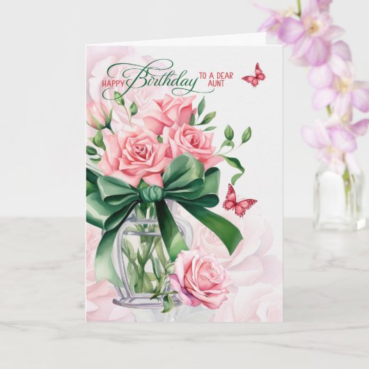 for Aunt's Birthday Pink Roses and Butterflies カード (蘭)