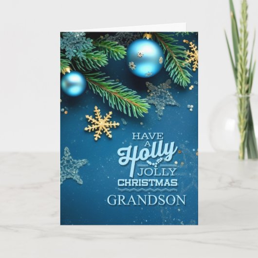 for Grandson Blue Holly Jolly Christmas Ornament シーズンカード (正面)