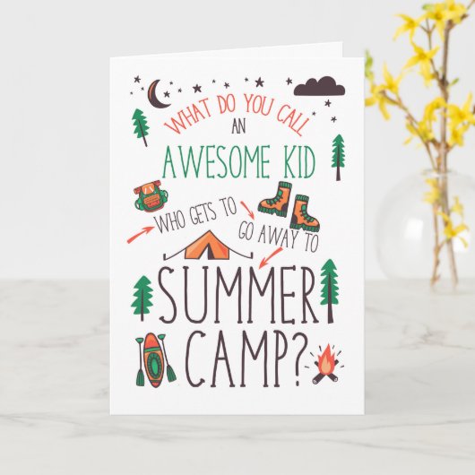 for Kids Funny Summer Camp Orange Green and Brown カード (黄色い花)