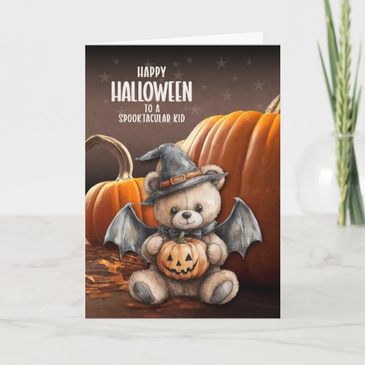 for Kids Teddy Bear Witch and Bat Wings Halloween シーズンカード (正面)