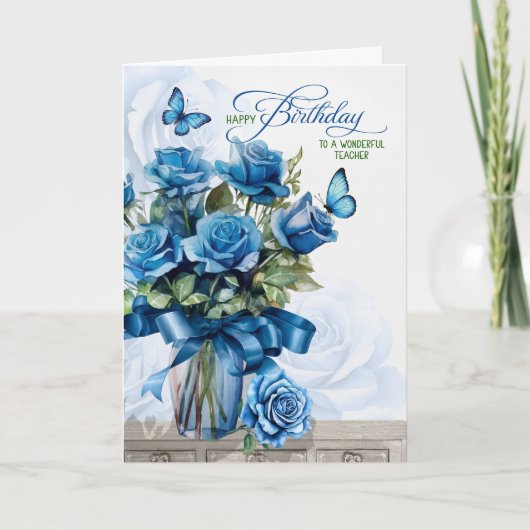 for Teacher Vase of Blue Roses Birthday カード (正面)
