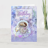 for Wife Cup of Tea and Purple Flowers Birthday カード (正面)