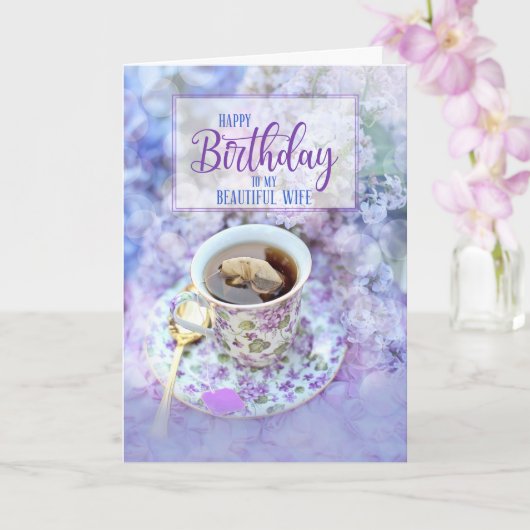 for Wife Cup of Tea and Purple Flowers Birthday カード (蘭)