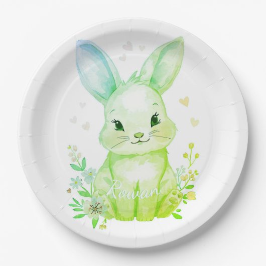 Forest Animal Baby Shower Decor Green Bunny ペーパープレート (正面)