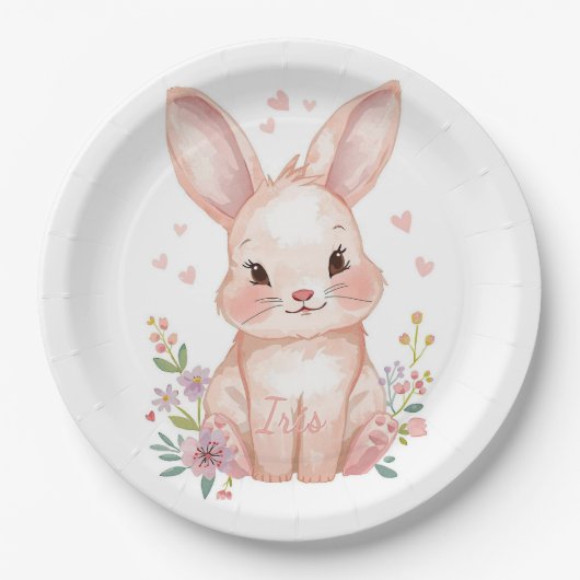 Forest Animal Baby Shower Decor Pink Bunny ペーパープレート (正面)