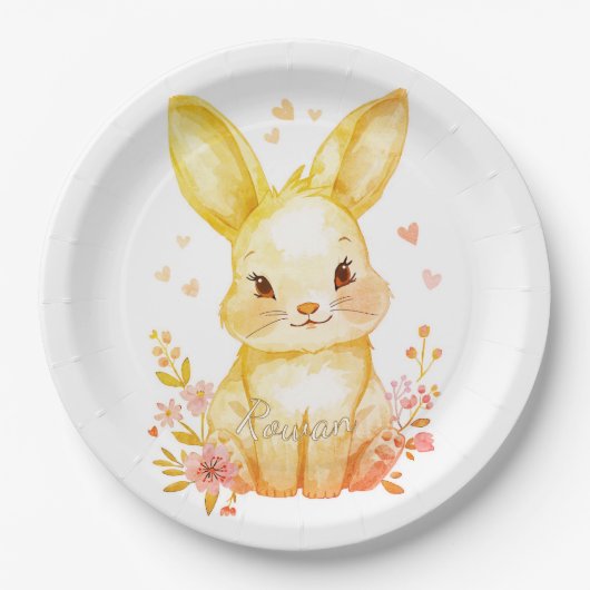 Forest Animal Baby Shower Decor Yellow Bunny ペーパープレート (正面)