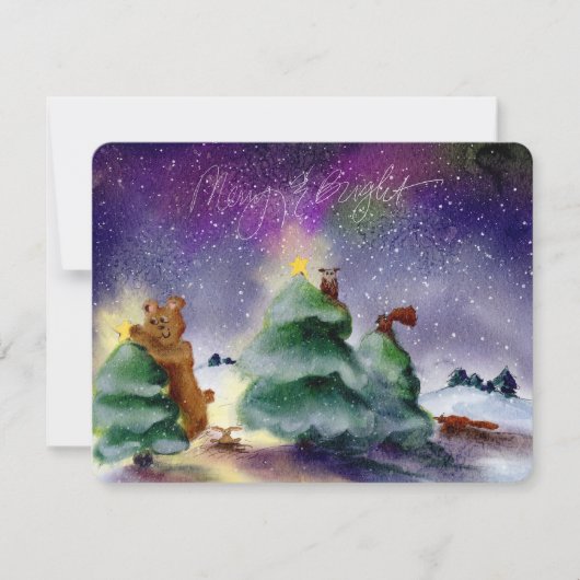 Forest Animal Christmas Aurora Watercolor Notecard ノートカード (正面)