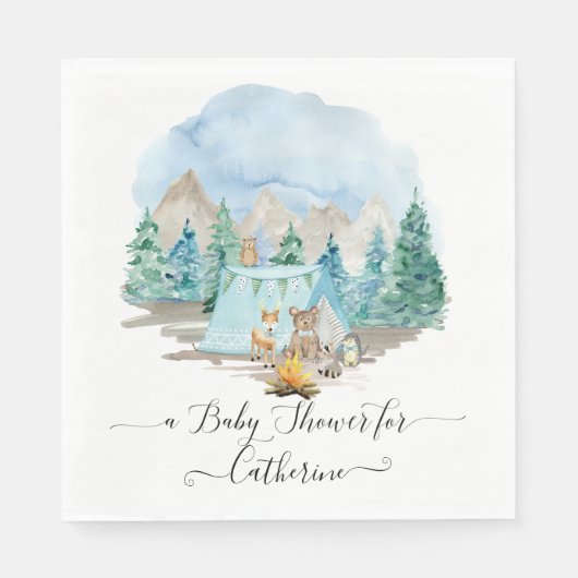 Forest Animals Deer Bear Rustic Boy Baby Shower スタンダードランチョンナプキン (正面)