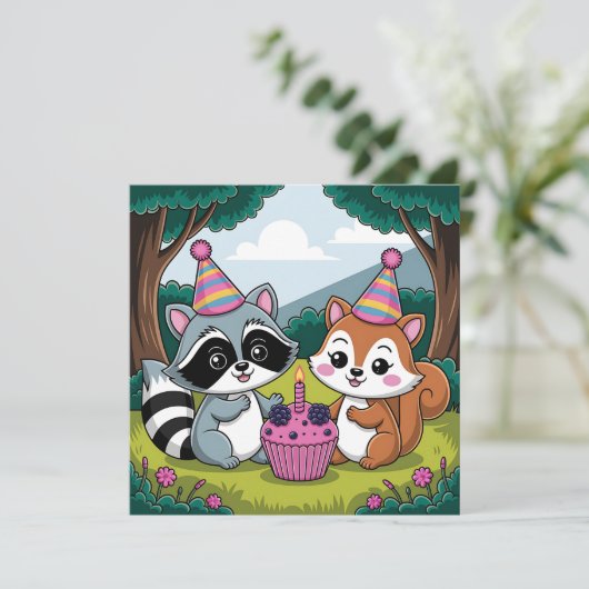 Forest Animals Themed Girl's First Birthday 招待状 (スタンド正面)