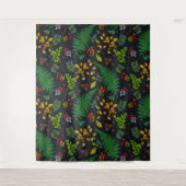 Forest berries, leaves and bugs on graphite black タペストリー (正面)