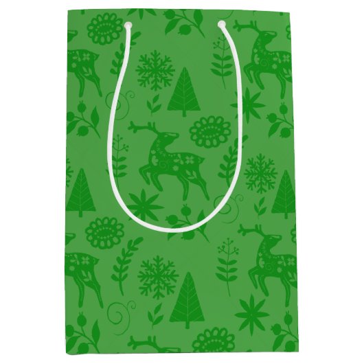 Forest Deer Folk Art Green Gift Bag ミディアムペーパーバッグ (正面)