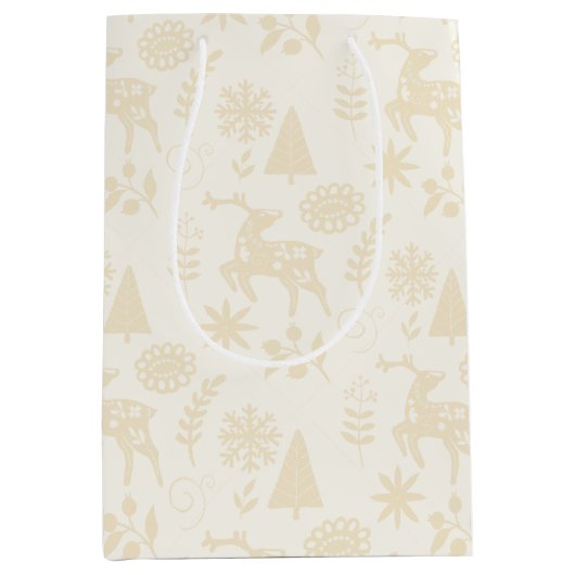 Forest Deer Folk Art Ivory Gift Bag ミディアムペーパーバッグ (正面)