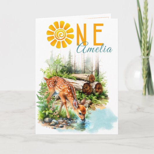 Forest Fawn Woodland First Birthday Card カード (正面)