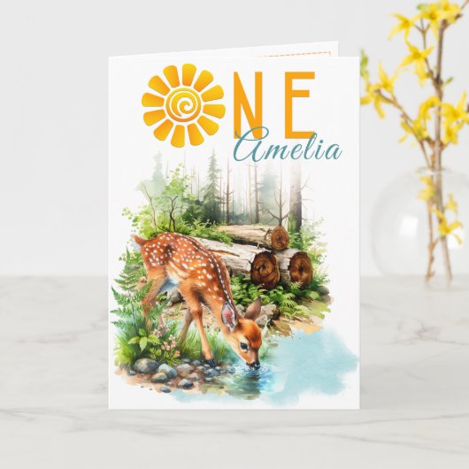 Forest Fawn Woodland First Birthday Card カード (黄色い花)