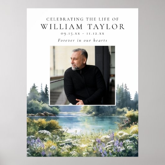 Forest Floral Lake Celebration Of Life Sign ポスター (正面)