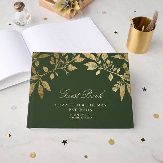 Forest Foliage Botanical Elegant Script Wedding ゲストブック (正面見開き)