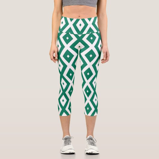 Forest green and white diamond pattern カプリレギンス (正面)