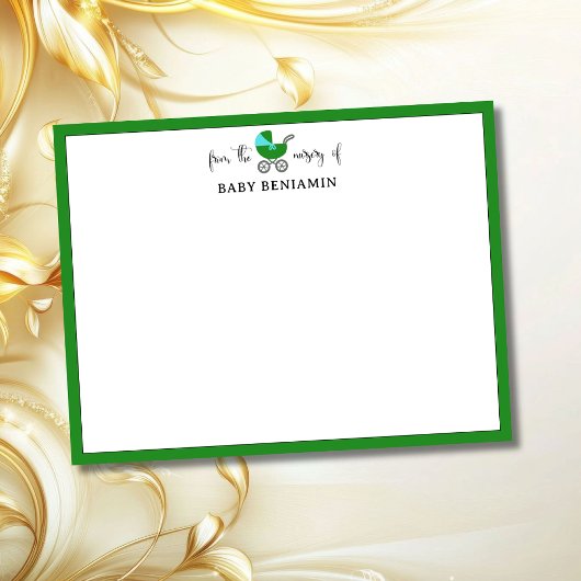 Forest Green Baby Carriage Nursery Note Card 招待状