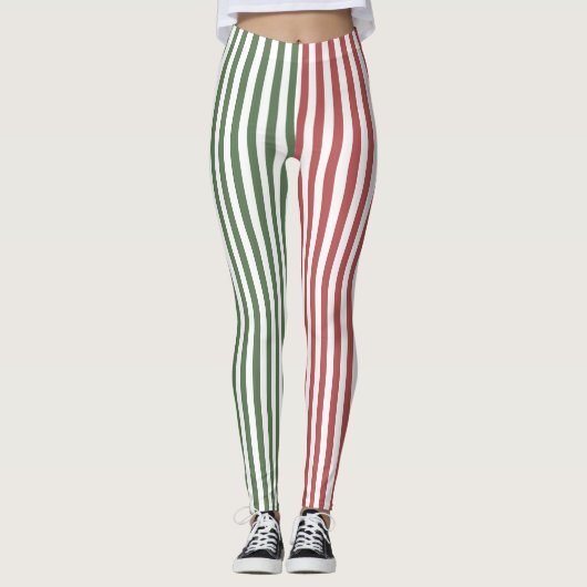 Forest Green & Burgundy Stripes Pattern レギンス (正面)