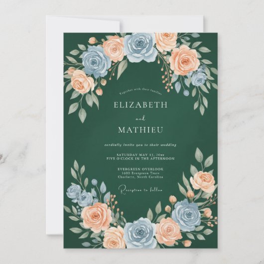 Forest Green Elegant Peach Rose Wedding 招待状 (正面)