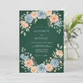 Forest Green Elegant Peach Rose Wedding 招待状 (スタンド正面)