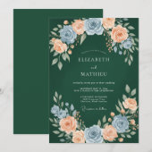 Forest Green Elegant Peach Rose Wedding 招待状 (正面/裏面)