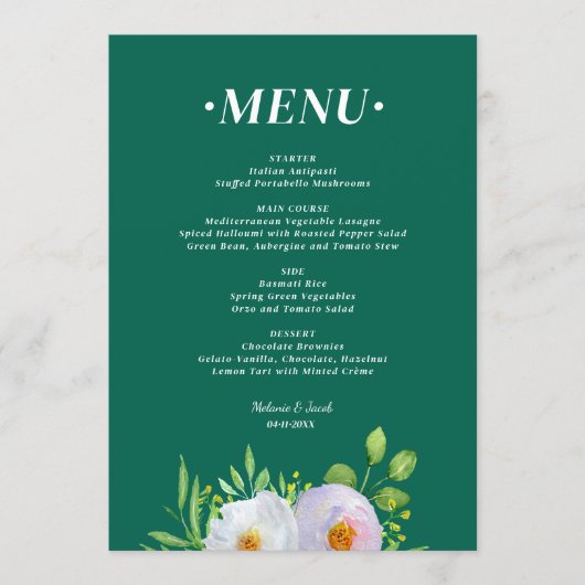 Forest Green Floral Printable Wedding menu  メニュー (正面)