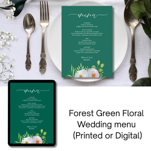 Forest Green Floral Printable Wedding menu 招待状