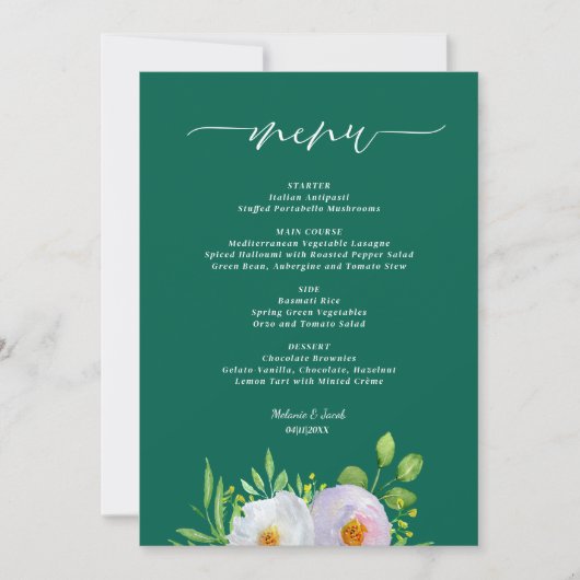Forest Green Floral Printable Wedding menu 招待状 (正面)