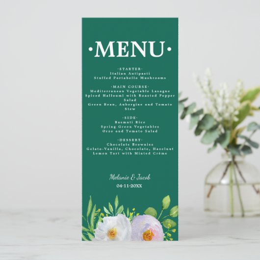 Forest Green Floral Printable Wedding Menu Card 招待状 (スタンド正面)
