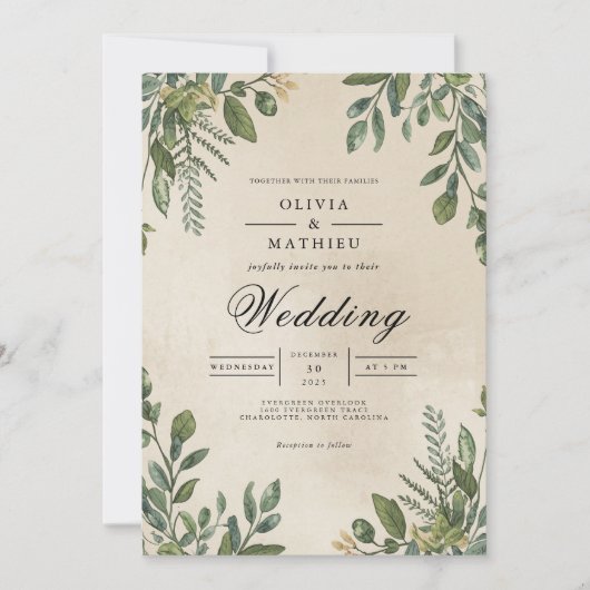 Forest Green Foliage Frame Wedding 招待状 (正面)