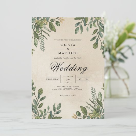 Forest Green Foliage Frame Wedding 招待状 (スタンド正面)