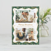 Forest Green Gold Botanical Christmas 3 Photo シーズンカード (スタンド正面)