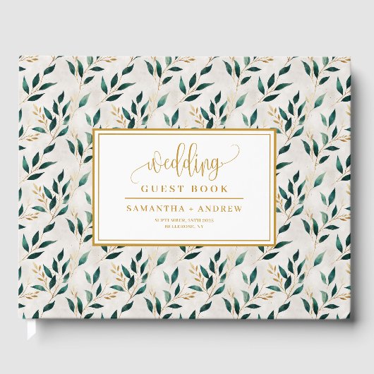 Forest green gold greenery wedding guest book ゲストブック (正面)