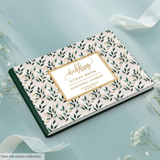 Forest green gold greenery wedding guest book ゲストブック