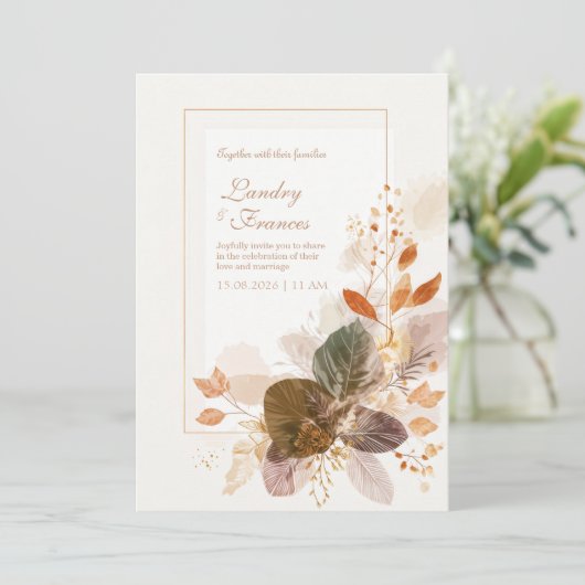 Forest Green Gold Line Autumnal Leaf Wedding 招待状 (スタンド正面)