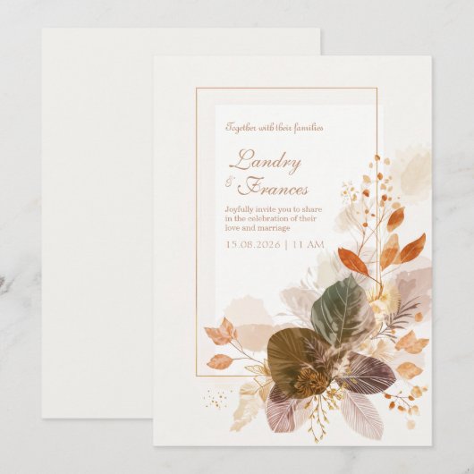 Forest Green Gold Line Autumnal Leaf Wedding 招待状 (正面/裏面)