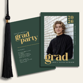 Forest Green Gold Modern Photo Graduation Party 招待状