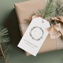 Forest Green Gold Stars Christmas Family Name ギフトタグ