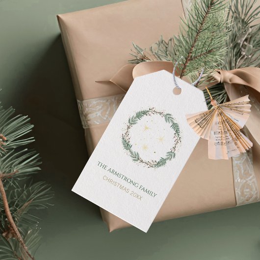 Forest Green Gold Stars Christmas Family Name ギフトタグ