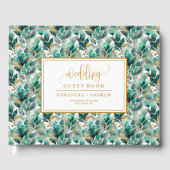 Forest green gold wedding guest book with leaves ゲストブック (正面)