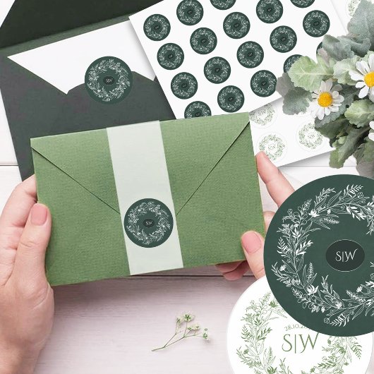 Forest Green Leafy  Wreath Monogram Nature ラウンドシール