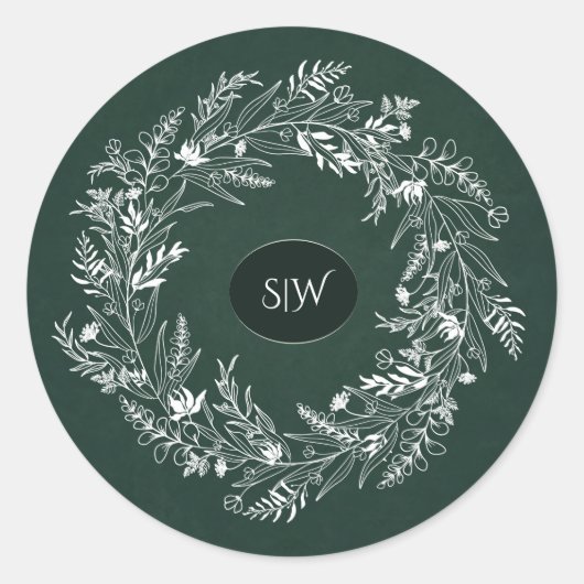 Forest Green Leafy  Wreath Monogram Nature ラウンドシール (正面)