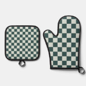 Forest green moss checkerboard pattern 鍋つかみ&鍋敷きセット (正面)