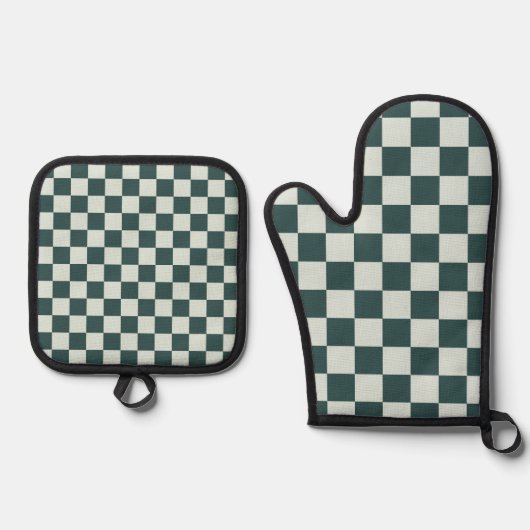 Forest green moss checkerboard pattern 鍋つかみ&鍋敷きセット (正面)