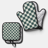 Forest green moss checkerboard pattern 鍋つかみ&鍋敷きセット (正面/裏面)