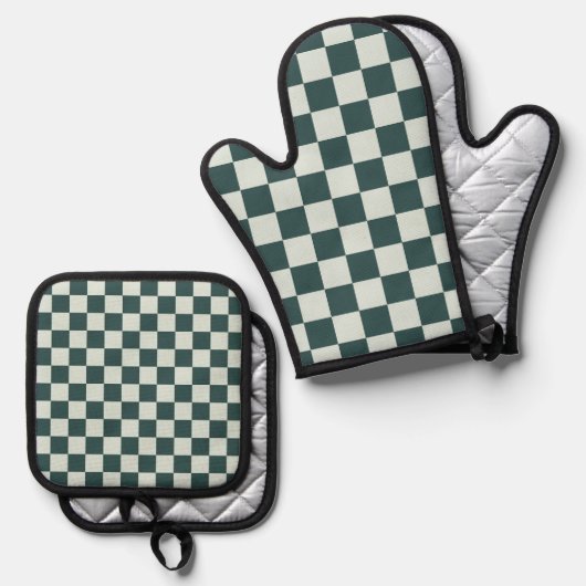 Forest green moss checkerboard pattern 鍋つかみ&鍋敷きセット (正面/裏面)