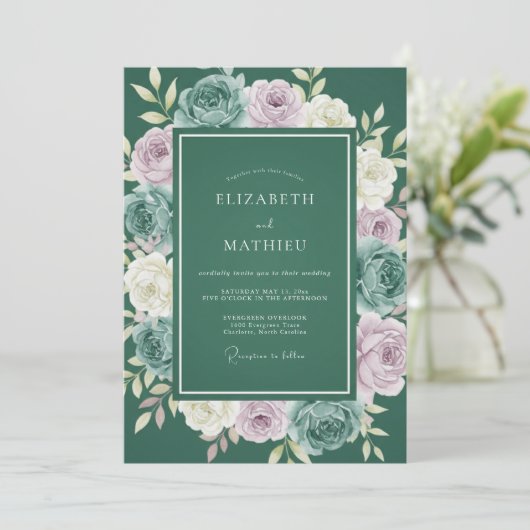Forest Green Painterly Botanical Wedding 招待状 (スタンド正面)