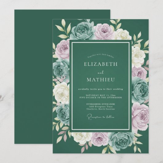 Forest Green Painterly Botanical Wedding 招待状 (正面/裏面)