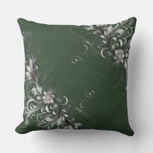 Forest Green Pillow with Elegant Silver Accents クッション (正面)